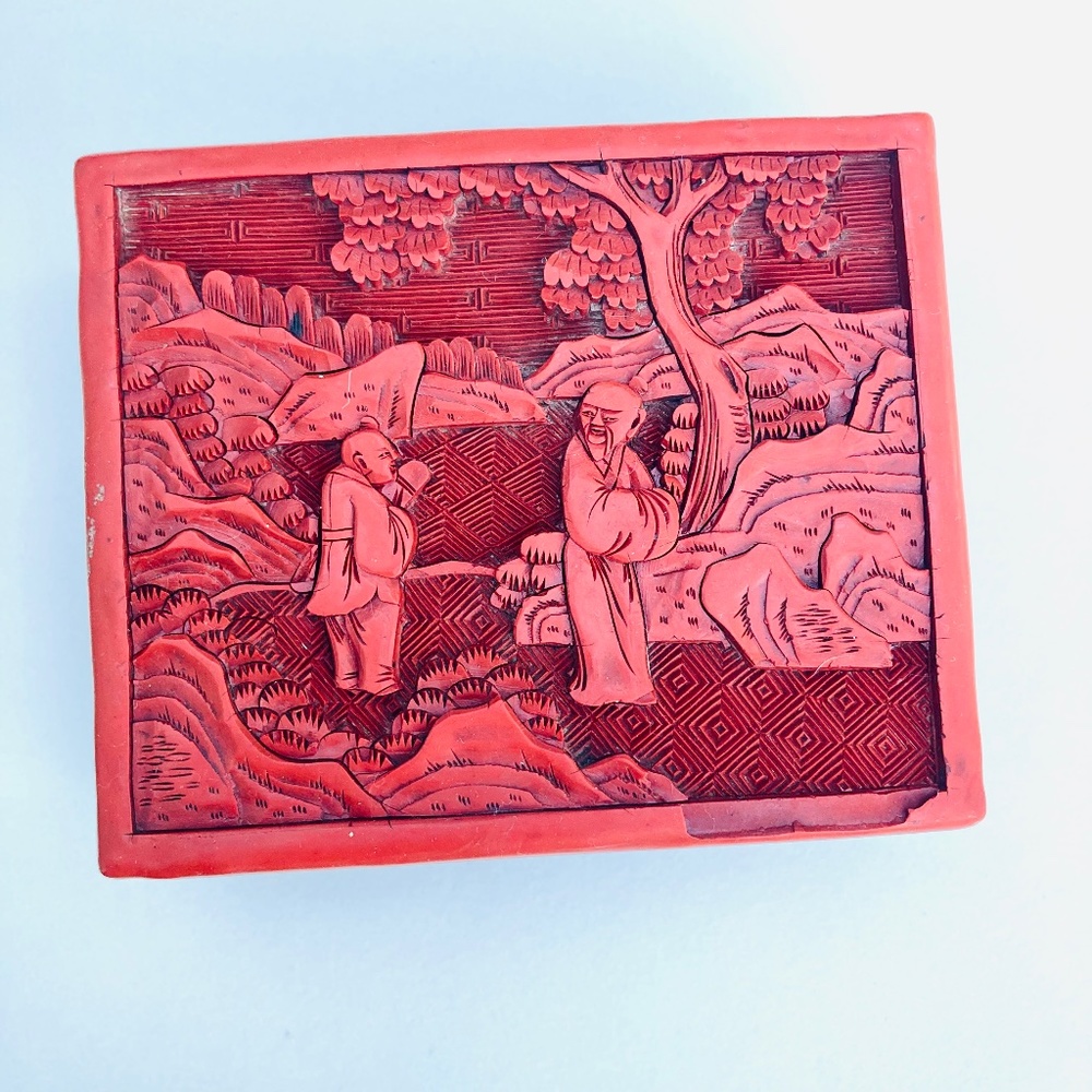 Red Cinnabar Trinket Box with Asian Art Scene Older and Younger Figures
